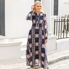 Vestido largo y dulce de cintura alta, manga larga y cuello de bufanda