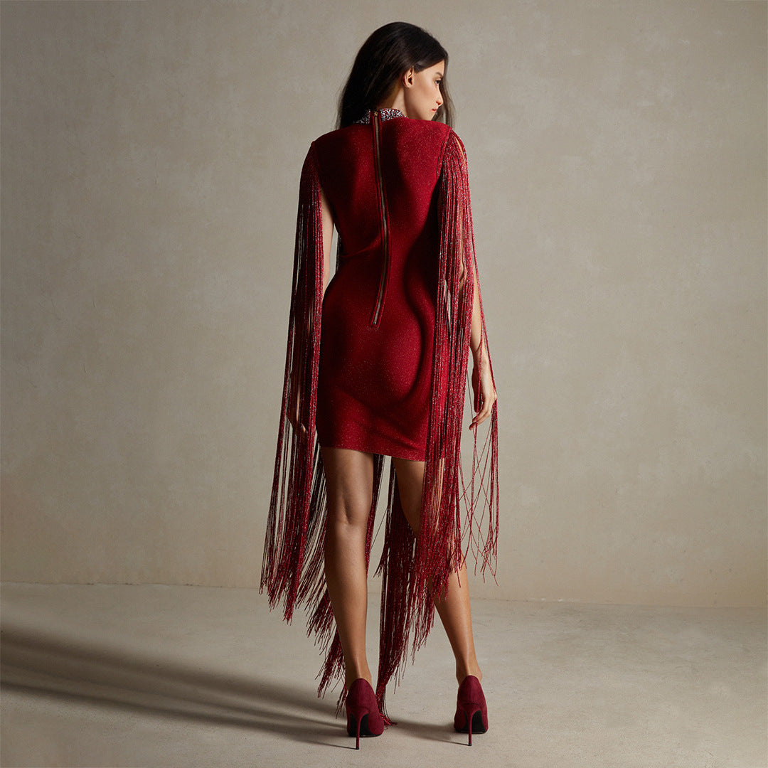Red Tassel Sequ Party Slim Design Dress
