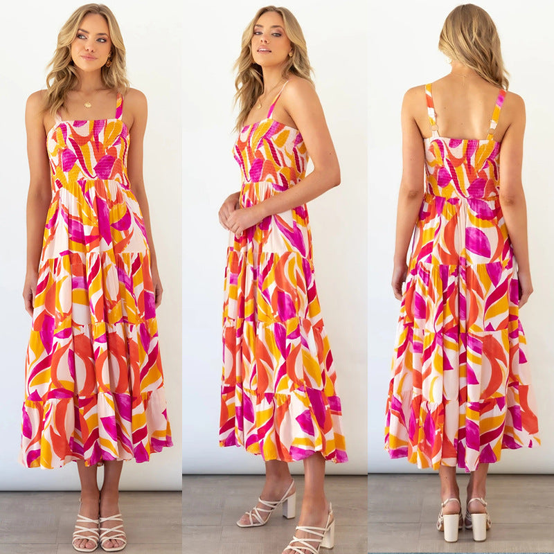 Camisole Tube Top Cinched Waist Large Printed Dress for Abstract Floral