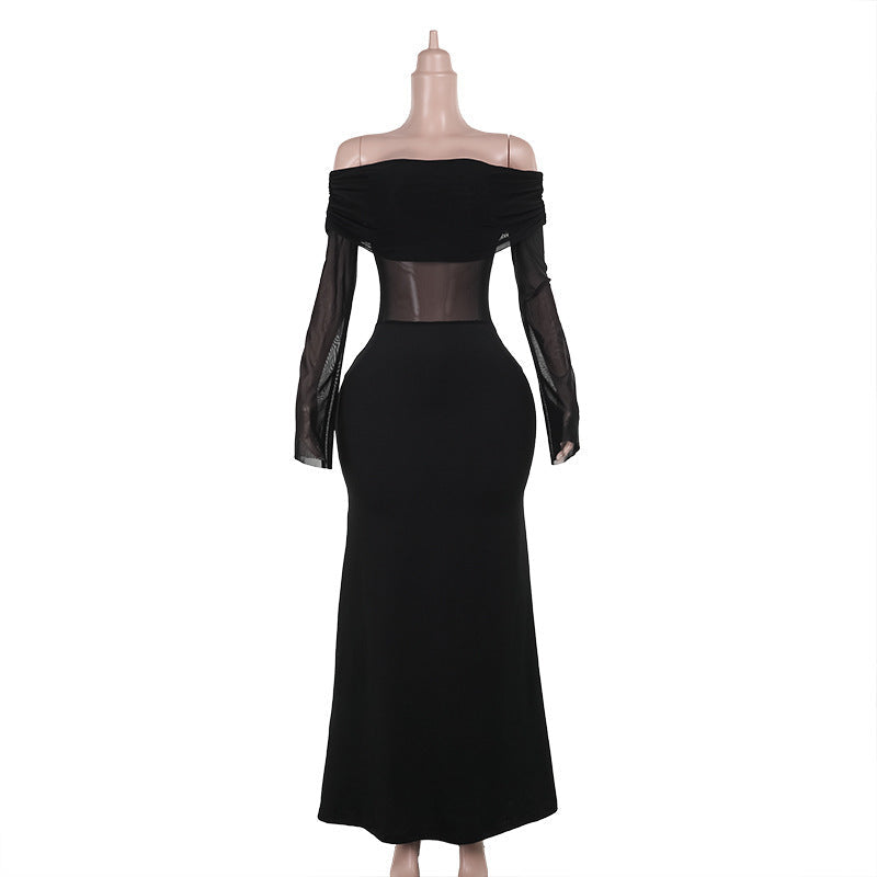 Fall Maxi Dress Elegant Slim off Shoulder Mesh