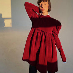 Velvet Turtleneck Long Sleeve Girl Dress Pleated Casual Dress