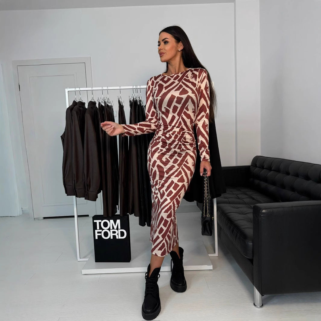 Vestido midi de cintura alta, ajustado y estampado, manga larga