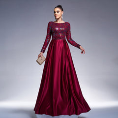Long Sleeve Crew Neck Long Sequined Cocktail Large Swing Evening Dress Bridesmaid