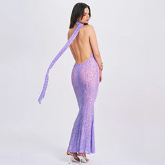 Mesh Sleeveless Dress Leopard Print Backless Halter Dress