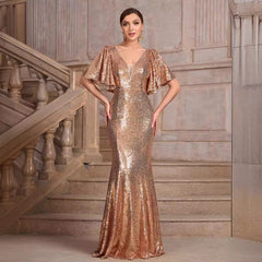 V neck Half Sleeve Solid Color Sequ Elegant Slim Fit Fishtail Evening Dresses