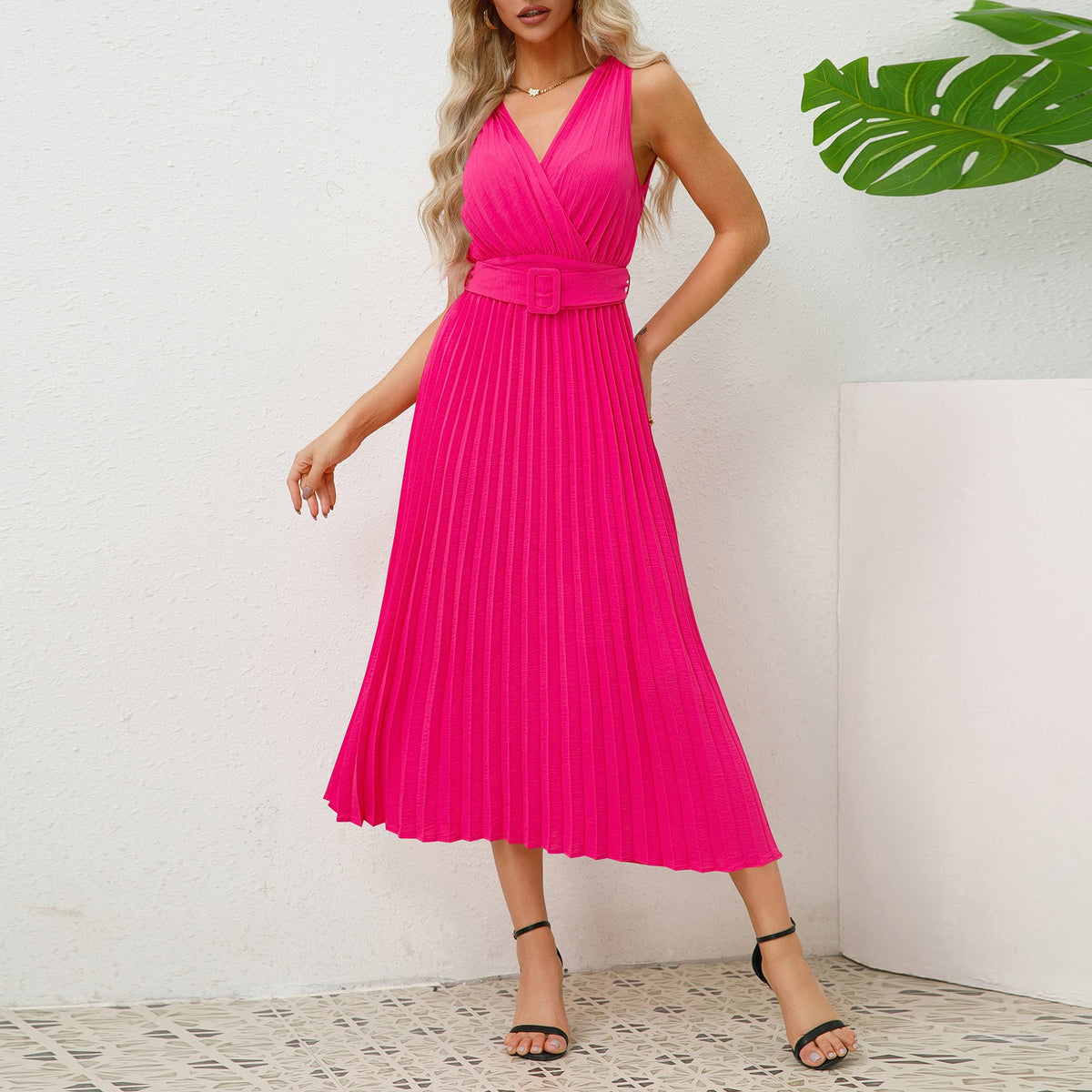 Slim V Neck Pleated Belt Dress Formal Dress