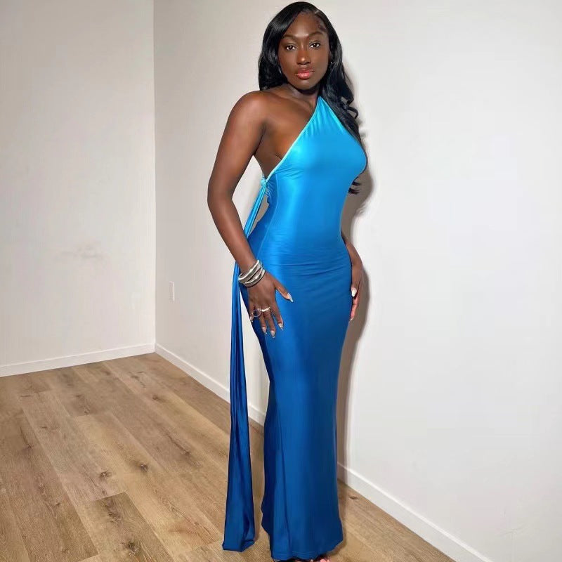 Sleeveless Oblique Shoulder Gradient Color Slim Hip Dress Long