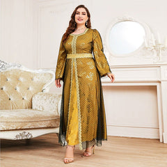 Vestido de talla grande de malla, corte A, holgado, de cintura alta y manga larga