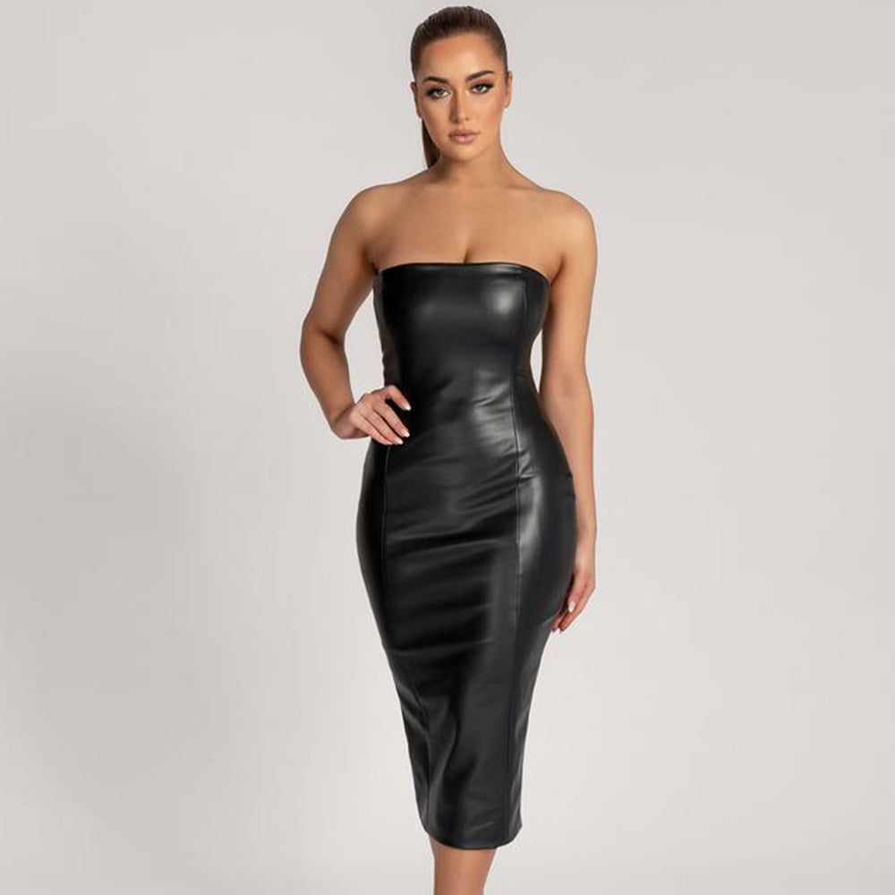 Vestido midi elegante de cuero sintético de color liso con corte ajustado y abertura en la espalda