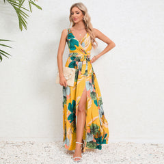 Pairs V Neck Sleeveless Slit Printed Long Strap