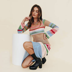 Colorful Contrast Color U Collar Hollow Out Cutout Long-Sleeved Knitted Dress