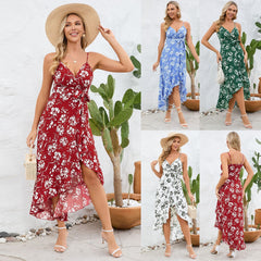Sling Irregular Asymmetric Dress Long Sling Floral Beach Dress
