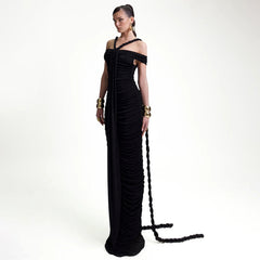 Elegant Graceful Off Neck Braid Pleated High Waist Figure Flattering Sheath