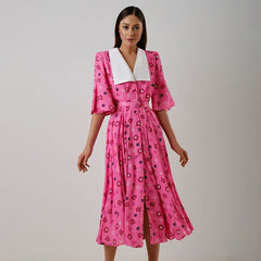 Vestido elegante de manga corta con cuello de muñeca y abertura en la cintura con estampado floral