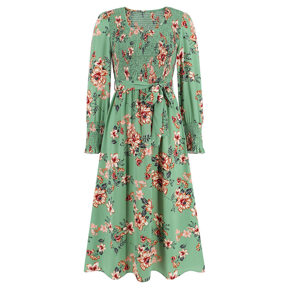 Fall Retro Long Sleeve Smocking Floral Mid Length round Neck Dress Popular