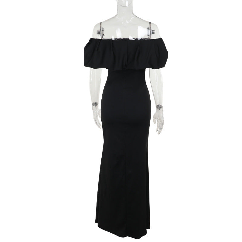 off the Shoulder Pleated Slit Formal Dress Long dress Socialite Slim Fit Slit