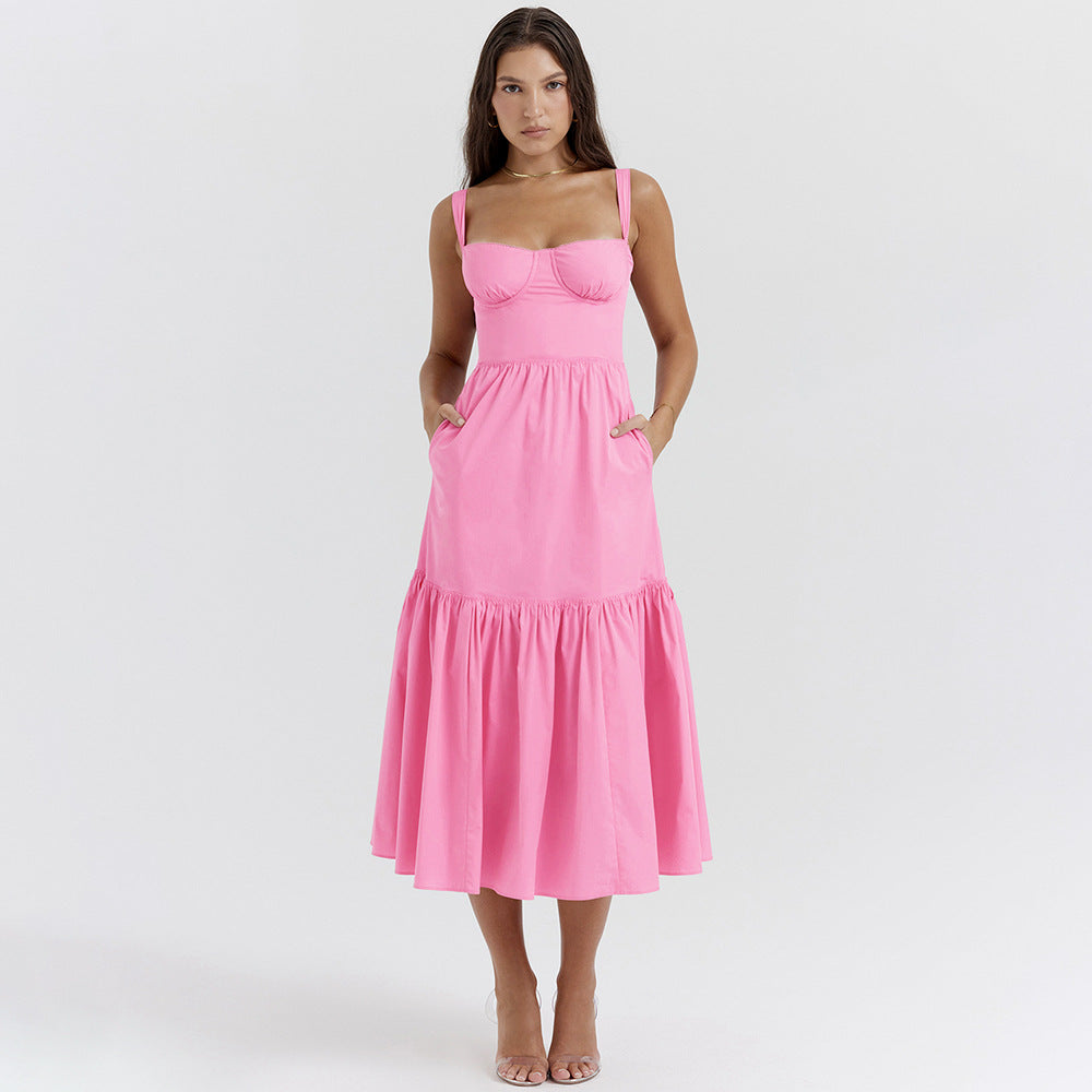 Collection Dress Sweet Spicy Floral Midi Backless Sleeveless Strap Dress for Summer