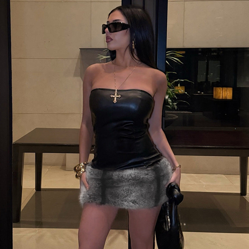 Collarless Leather Tube Top Plush Stitching Hip Short Dress