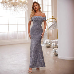Sequ off the Shoulder Formal Dress Cocktail High Waist Sequ Dress