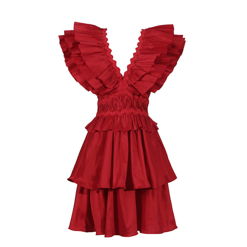 V neck Ruffled Flying Sleeves Vacation Tiered Dress