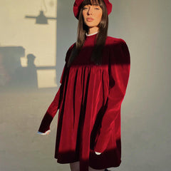 Velvet Turtleneck Long Sleeve Girl Dress Pleated Casual Dress