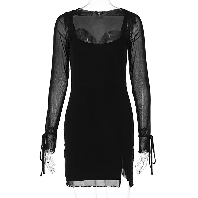 Stylish Long Sleeves Mesh Stitching Split Dress