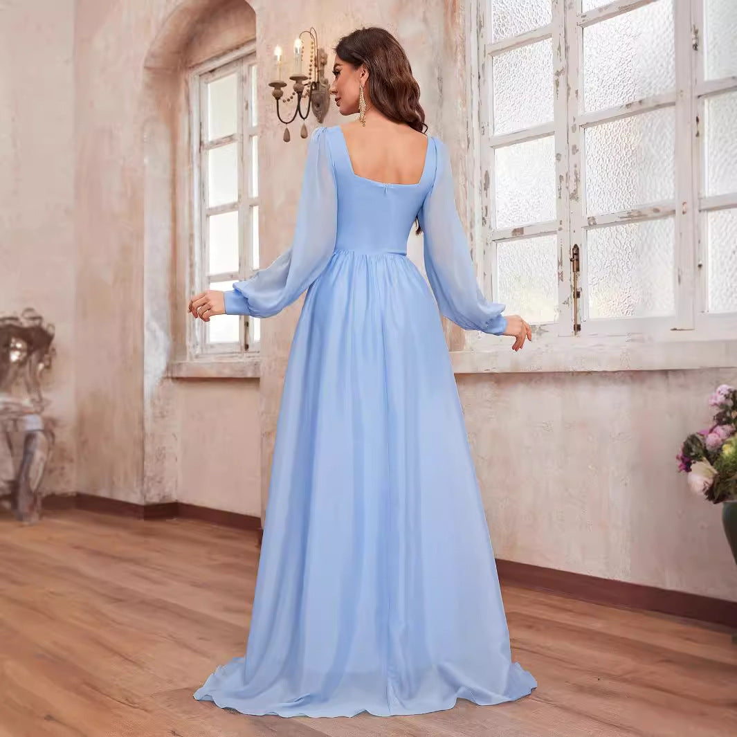 Chiffon Square Collar Dress Lantern Sleeve Elegant Graceful Ground Dress