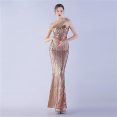 Craft Order Ostrich Feather Single Shoulder Diagonal Collar High Density Sequin High End Evening Dress