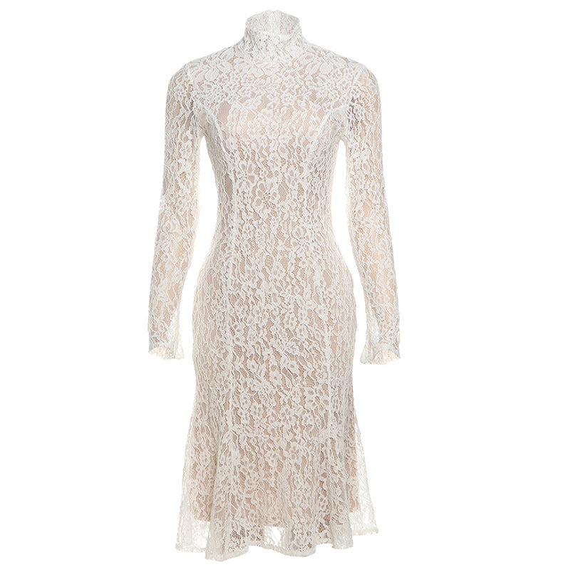 French Lace Cutout Turtleneck Long Sleeve Fishtail