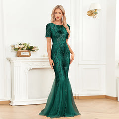 Vestido largo de manga corta con cuentas en color verde, corte entallado, estilo cola de pez, para dama de honor, cóctel o noche.