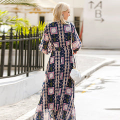 Vestido largo y dulce de cintura alta, manga larga y cuello de bufanda