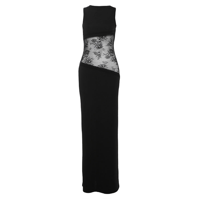 Slim Fitting Patchwork Lace Backless Dress French Dress