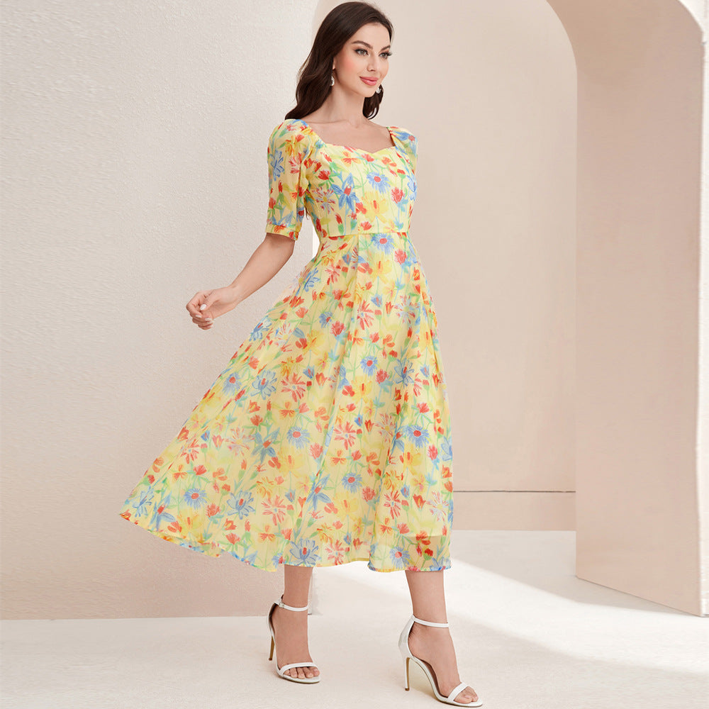 French Elegant High Waist Square Collar Dress