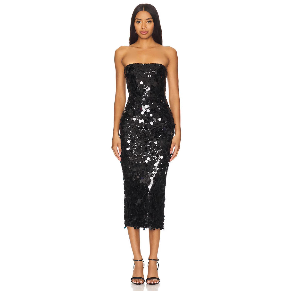 Vestido de fiesta con escote tubo y espalda descubierta, con abertura en la parte posterior