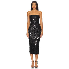 Vestido de fiesta con escote tubo y espalda descubierta, con abertura en la parte posterior