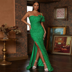 Vestido de noche elegante largo con lentejuelas y espalda descubierta para dama de honor