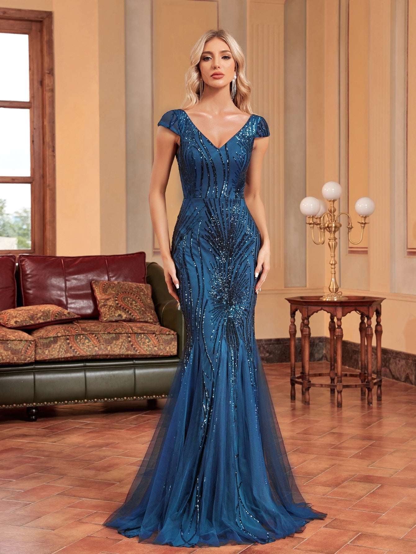 Green Beaded Dress Long Slim Fishtail Bridesmaid Cocktail Evening Dress for