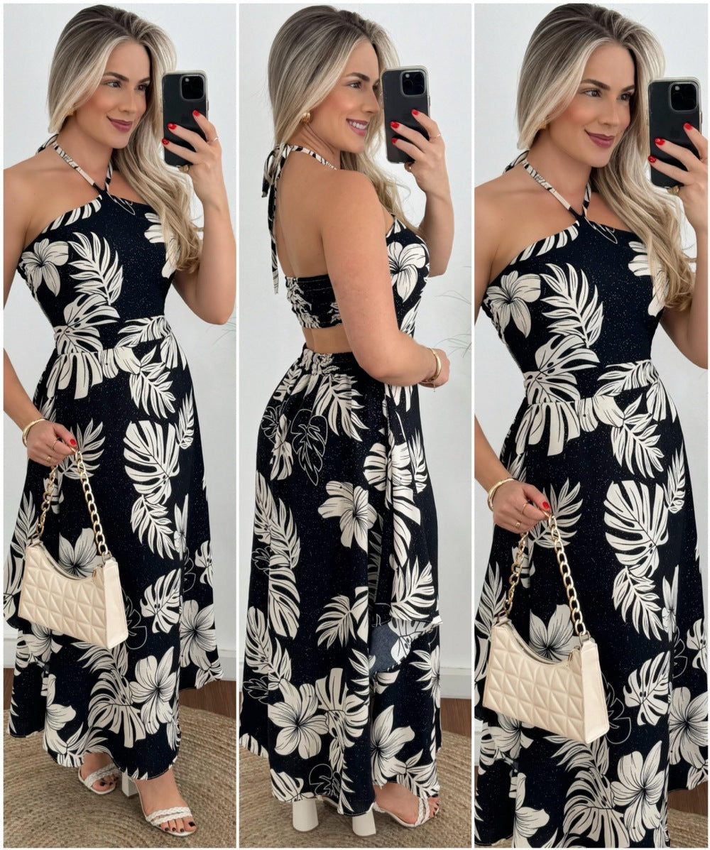 Vestido de tirantes finos con cuello halter y estampado digital personalizado para vacaciones en el sudeste asiático