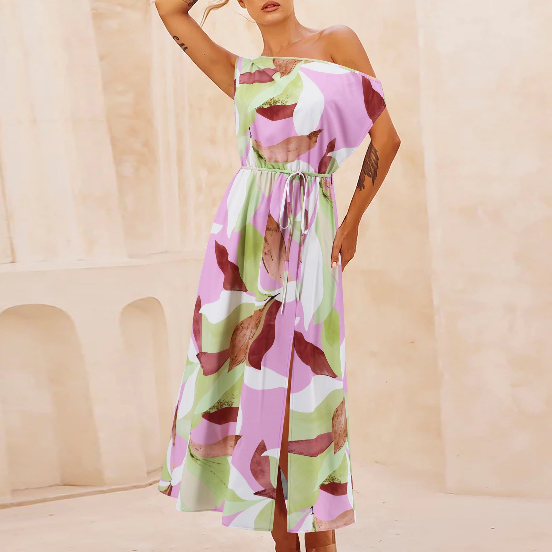 Elegant Slim Printed Dress Off Neck Slit Belt Dress