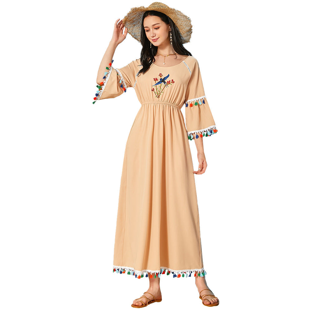 Round Neck Tassel Half Sleeve High Waist Long Casual Dress
