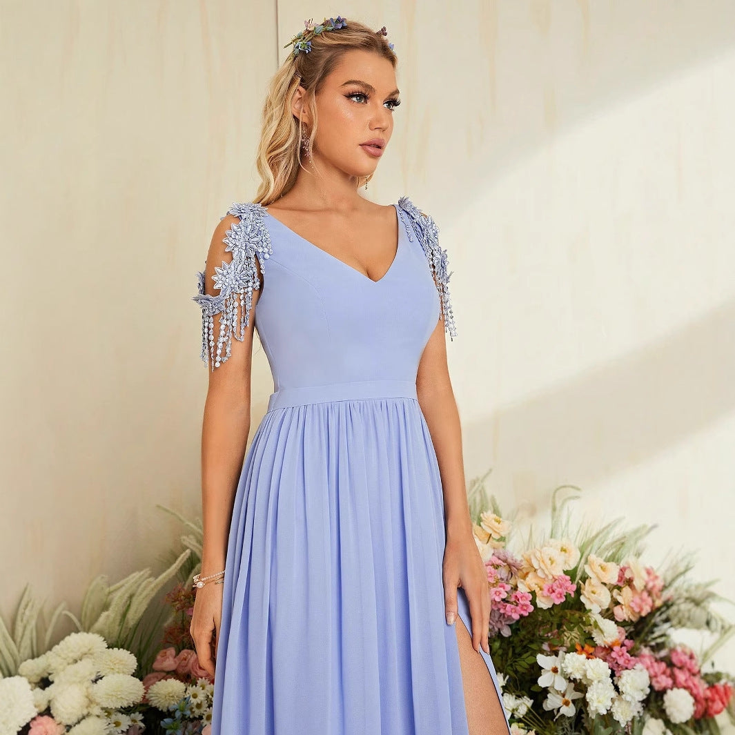 Vestido de noche elegante con escote en V, vestido de noche con abertura para fiesta de graduación, vestido de cena de boda, vestido de brindis, vestido de reunión anual