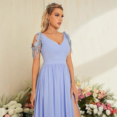 Vestido de noche elegante con escote en V, vestido de noche con abertura para fiesta de graduación, vestido de cena de boda, vestido de brindis, vestido de reunión anual