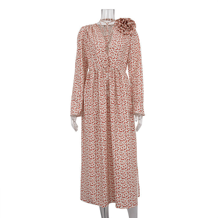 Early Floral Dress Deep V Plunge-neck Lace Up Waist Side Slit Dress