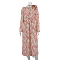 Early Floral Dress Deep V Plunge-neck Lace Up Waist Side Slit Dress