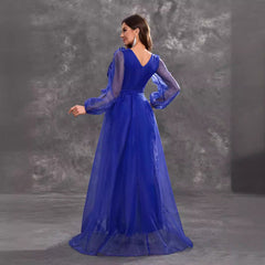 Vestido de noche de graduación con escote en V, manga larga, volante tridimensional, elegante y decorativo.