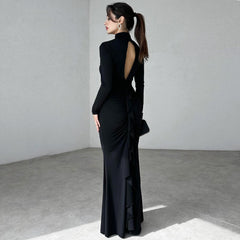 High Collar Hollow Out Cutout Slim Pleated Solid Color Long Sleeve