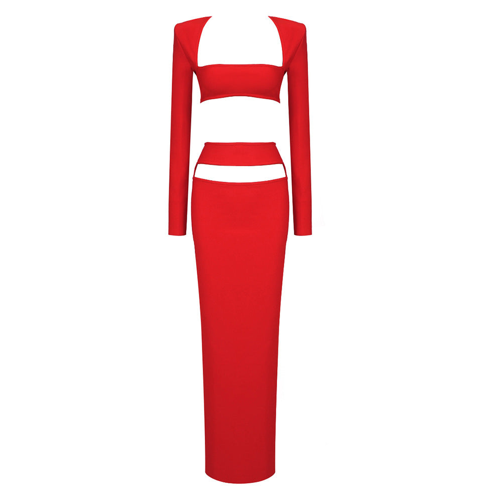 Traje informal de alta gama, conjunto de dos piezas, traje corto, vestido elástico de manga larga, vestido de vendaje