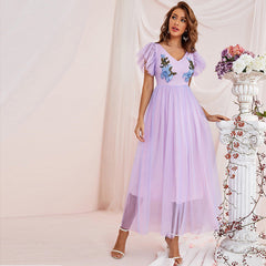 Mesh Dress V neck High Waist Short Sleeve A line Fairy Dress
