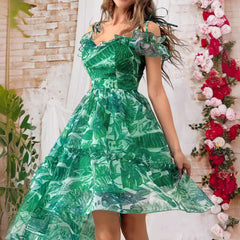 Mesh Printing Slip Dress Irregular Asymmetric Hem Elegant Sweet Midi Dress