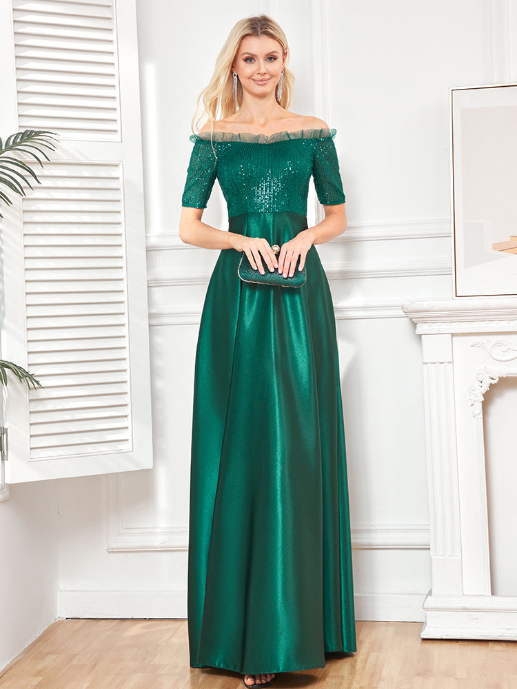 Vestido de cóctel de noche con cola de pez, hombros descubiertos, lentejuelas y manga corta, vestido de fiesta de satén